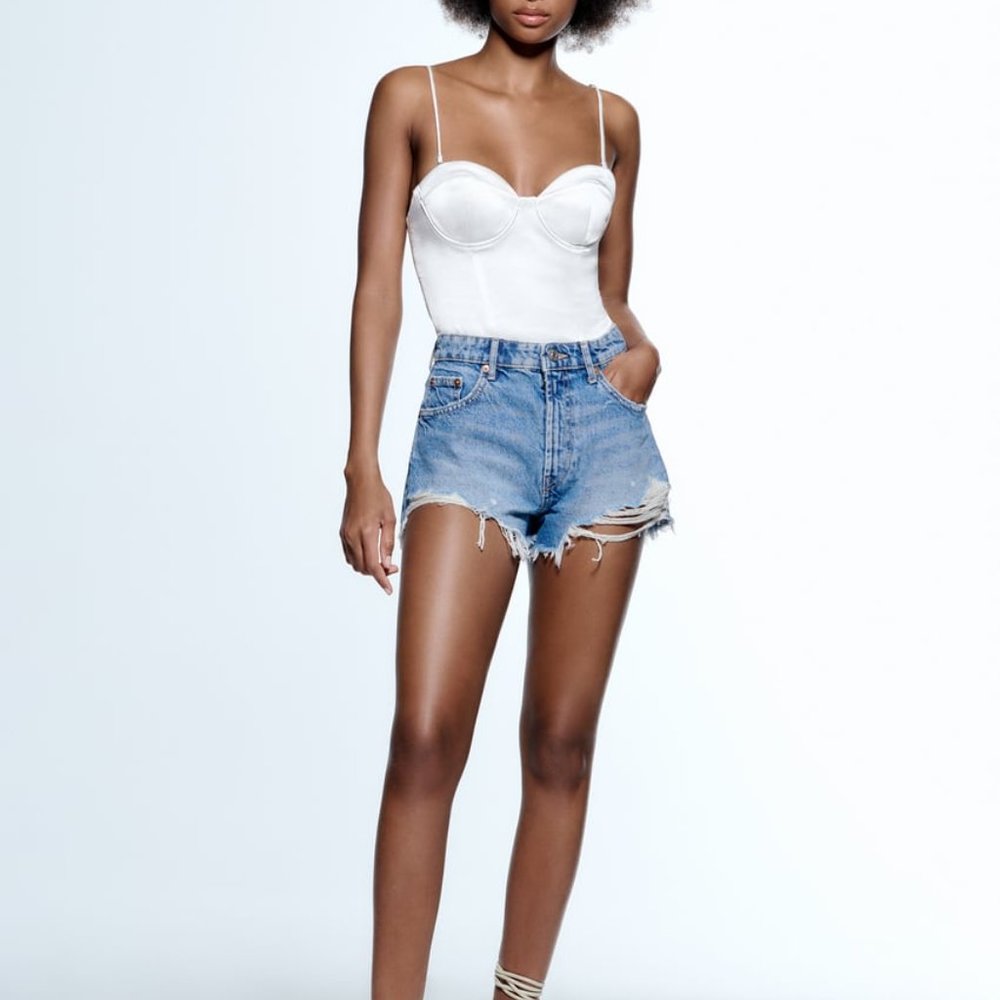 Zara Satin white body suit with snap closure and underwire - Medium